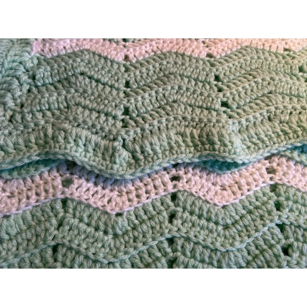 Handmade Afghan Blanket Throw Chevron Stripe Turquoise & White Decor Baby Modern